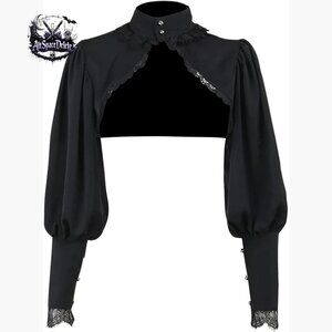 Small Black Shrug Sweater with Puff Sleeves, Button Front, 3/4 Length